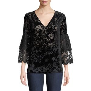 Johnny Was Black Floral Eureka Burnout Velvet Shirt Top Lace Ruffle Sleeve Silk